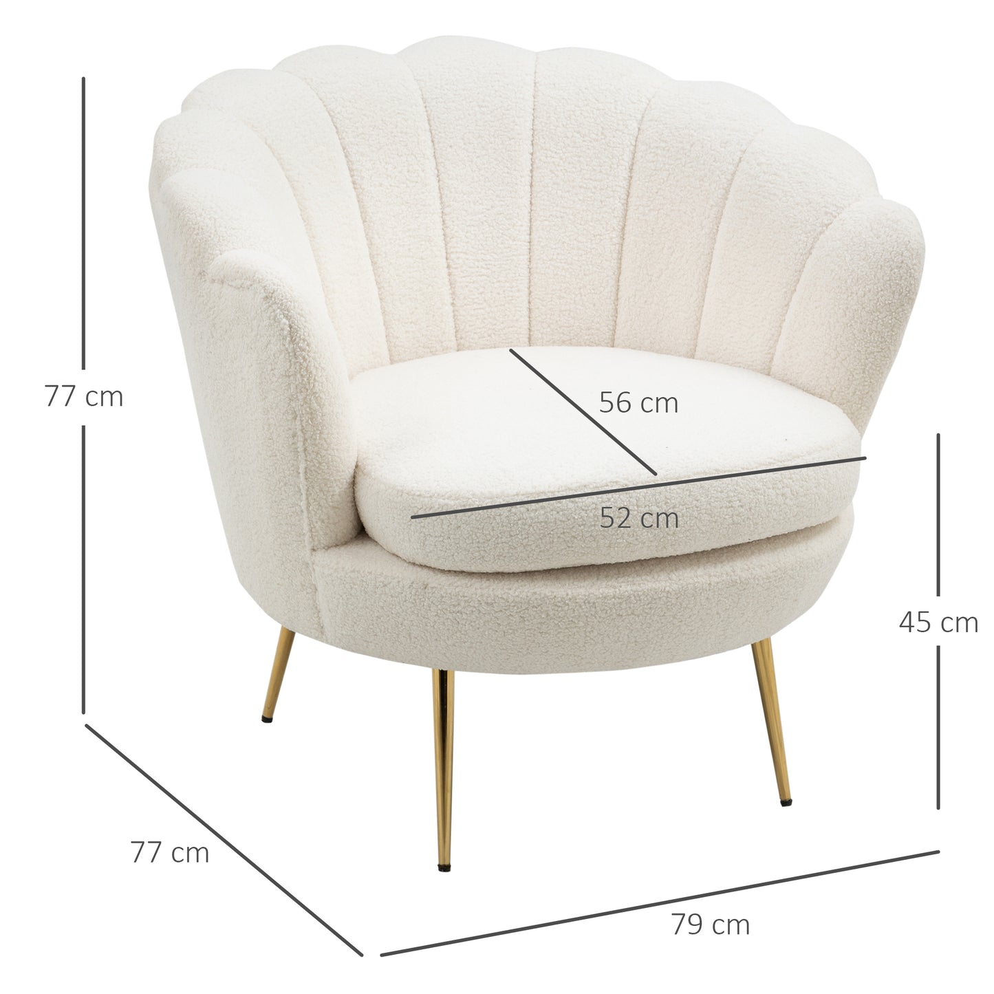 HOMCOM Polstersessel in Muschelform, Relaxsessel, Entspannungssessel, Metallbeine in Goldoptik, 79L x 77B x 77H cm, Weiß