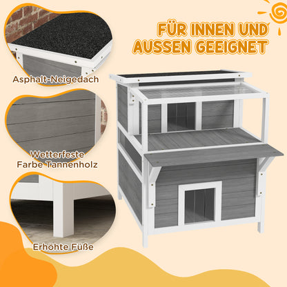 PawHut 2-stöckiges Katzenhaus mit Balkon, Wetterfeste Katzenhütte, Regen- und Sonnenschutz, für drinnen und draußen, Hellgrau