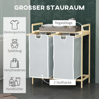 HOMCOM Wäschekorb mit 2 Waschsäcken, 1 Ablage, Bambus, 63,5 cm x 33 cm x 73 cm, Hellgrau + Natur