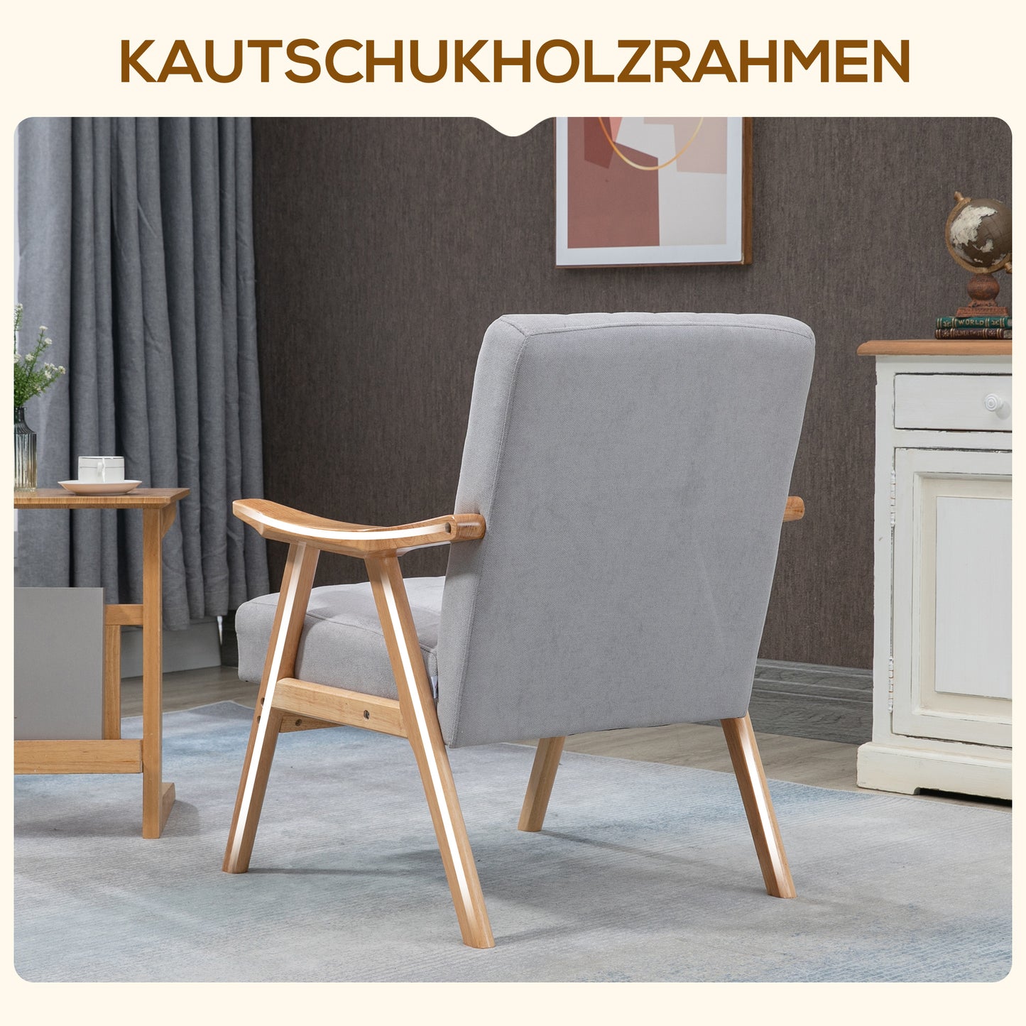 HOMCOM Sessel im Skandi-Design, bis 120 kg, Samtoptik, Massivholz; 68 cm x 74 cm x 82 cm, Natur + Grau