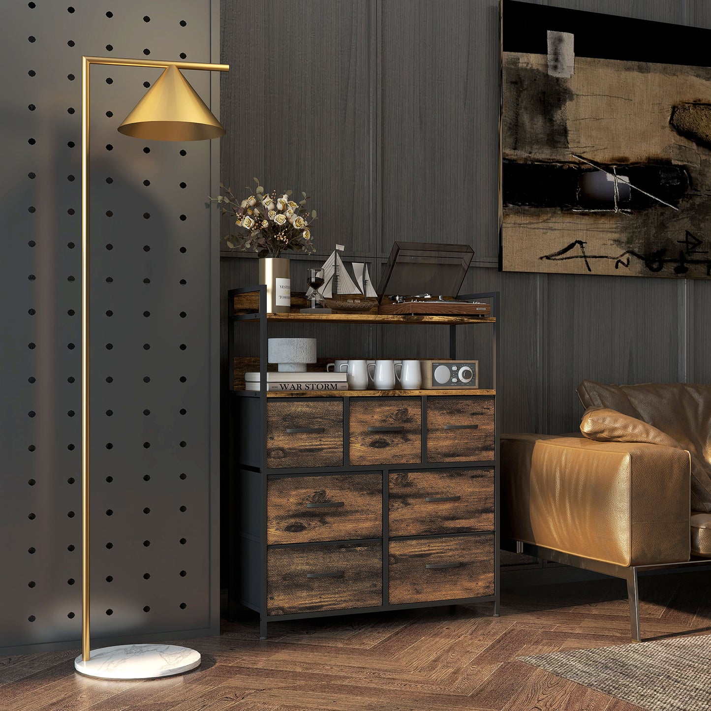 HOMCOM Stoff-Kommode, 7 faltbare Schubladen, 2 Regale, Stahlrahmen, Braun