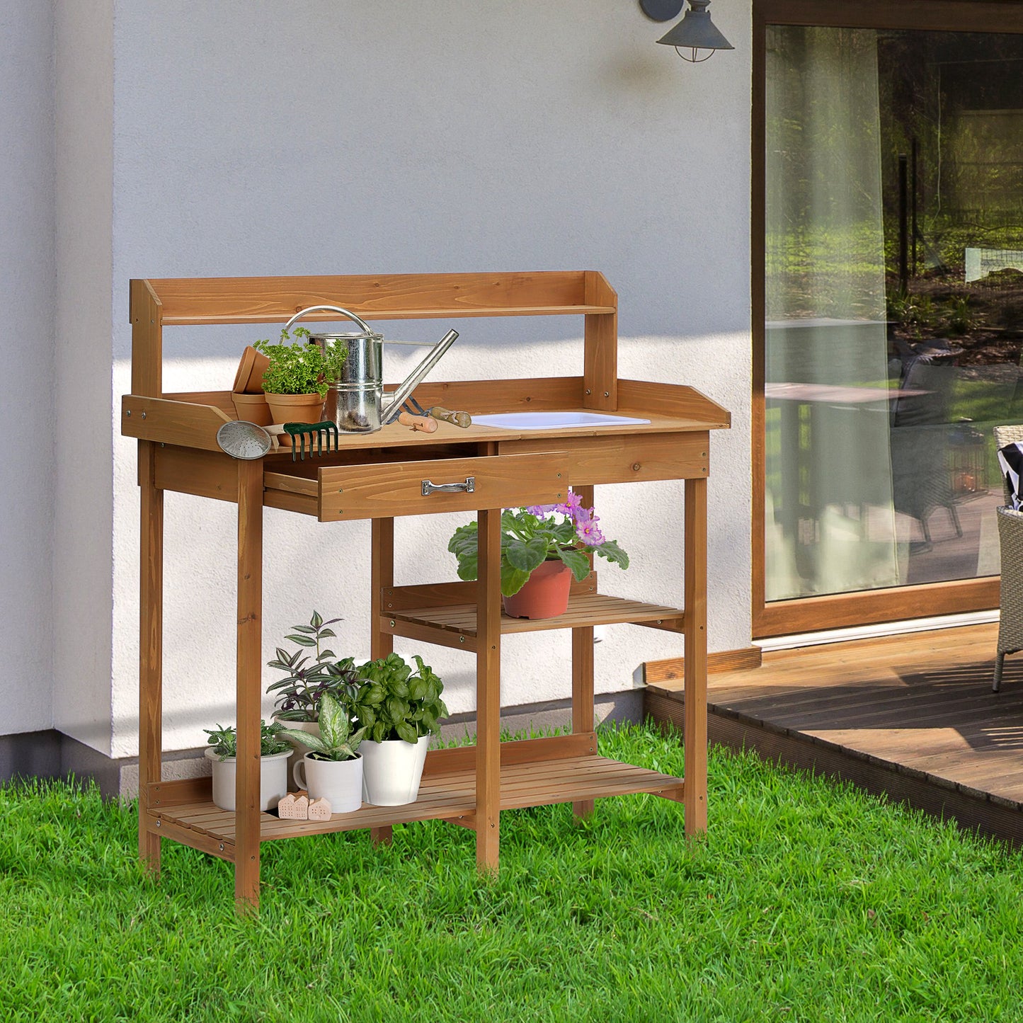 Outsunny Pflanztisch Gärtnertisch Blumentisch mit Wanne Garten Tannenholz Natur 117 x 45 x 121 cm