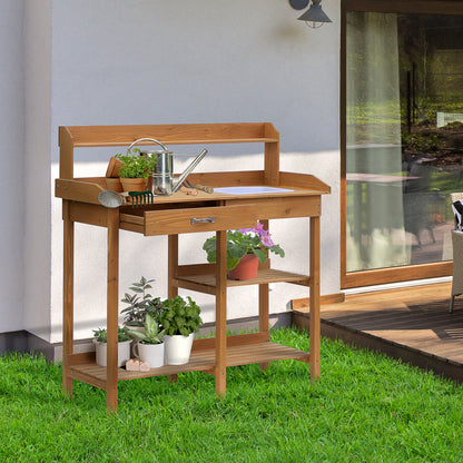 Outsunny Pflanztisch Gärtnertisch Blumentisch mit Wanne Garten Tannenholz Natur 117 x 45 x 121 cm
