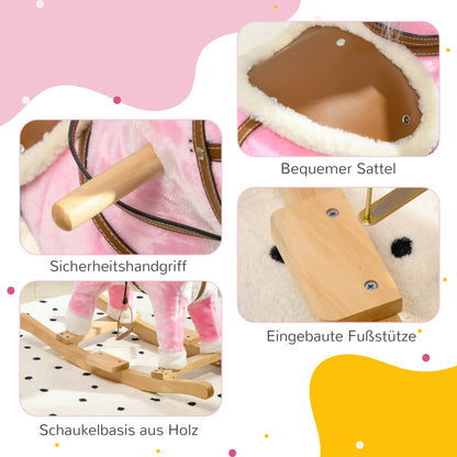 HOMCOM Schaukelpferd, Sattel mit Steigbügeln, Soundeffekte, Musik, Plüschkörper, Metallrahmen, bis 30 kg, pink