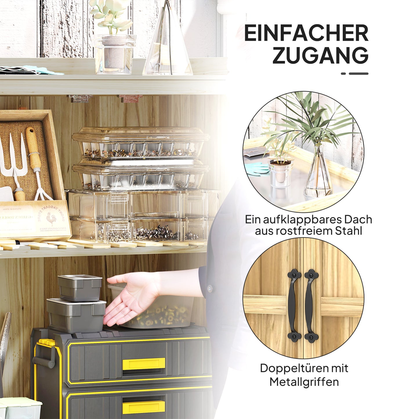 Outsunny Gartenschrank, Werkzeugschrank für den Außenbereich, mit Arbeitsfläche, Holz und Edelstahl, Doppeltüren, Naturholz