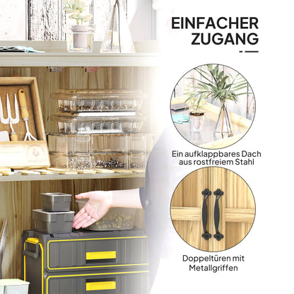 Outsunny Gartenschrank, Werkzeugschrank für den Außenbereich, mit Arbeitsfläche, Holz und Edelstahl, Doppeltüren, Naturholz