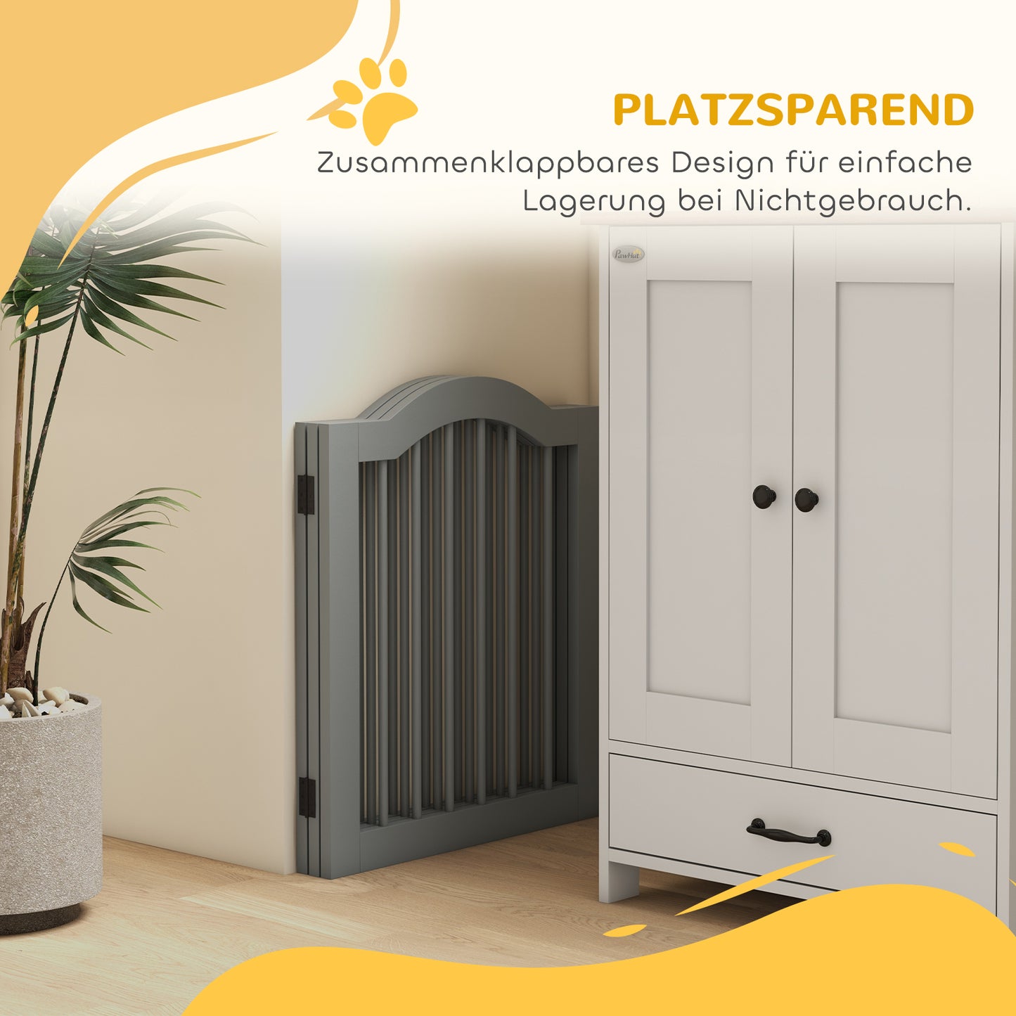 PawHut Absperrgitter Hund 3-teilig, 154,5 x 61 cm Faltbar Hundegitter mit Tür, 2 Stützfüßen Hellgrau