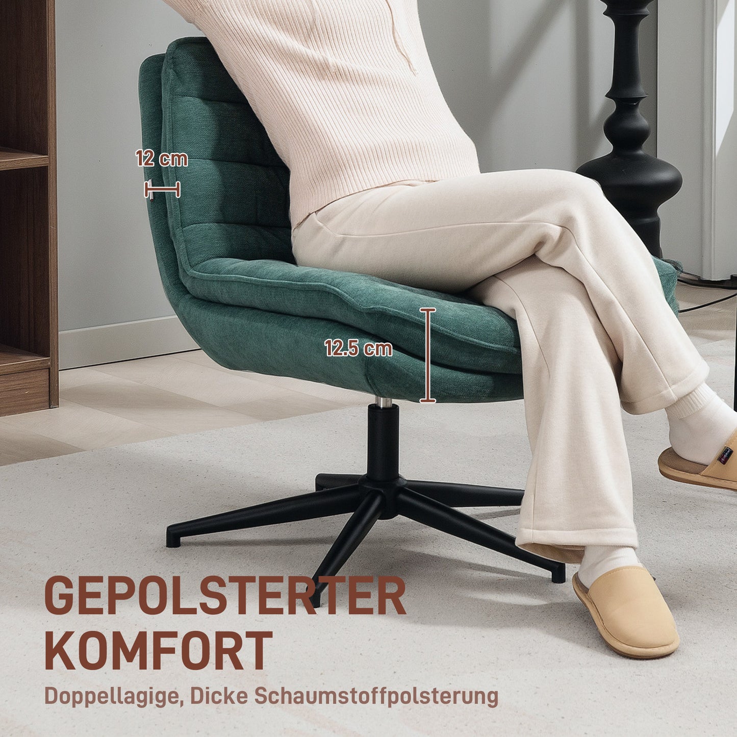 HOMCOM Drehbarer Bürostuhl mit breitem Sitz, Geräumiger Polsterstuhl fürs Büro, Arbeitszimmer, Dunkelgrün