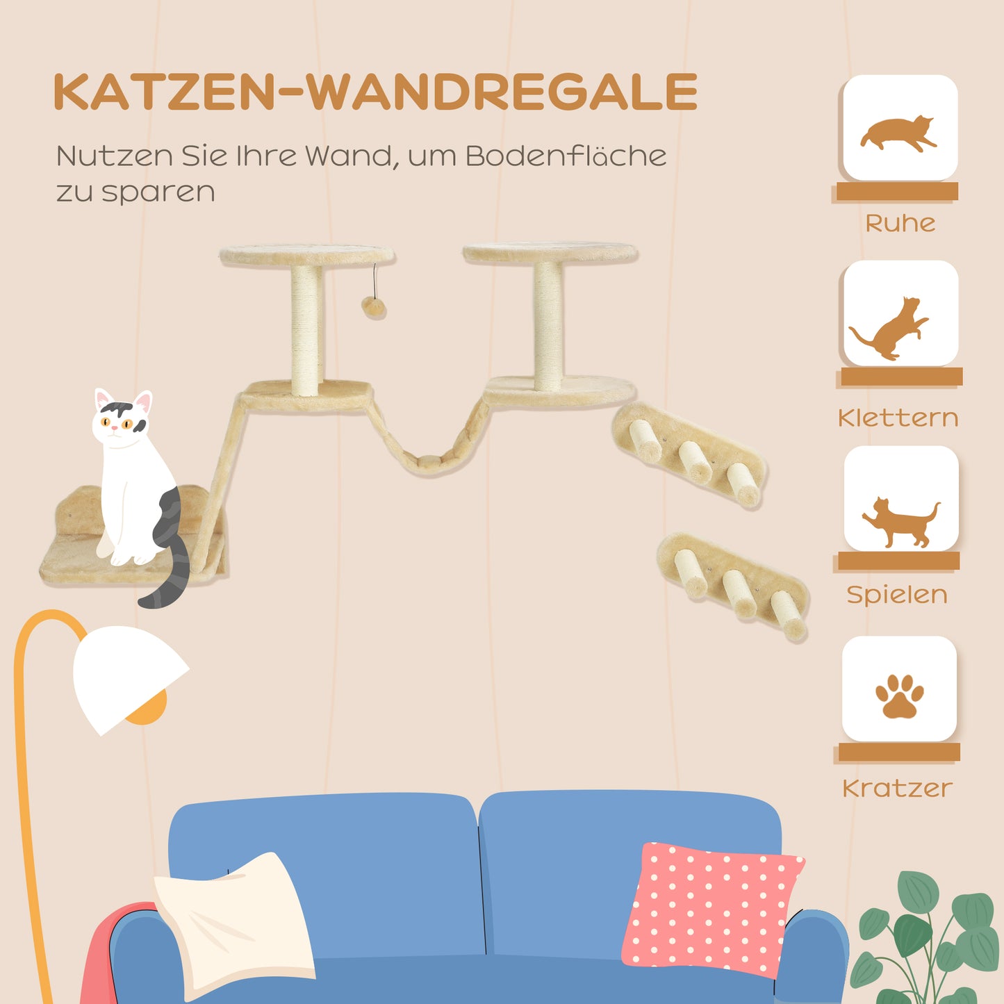 PawHut Katzentreppen-Set, Wand- och Deckenmontage, för Katzen till 5 kg, Beige