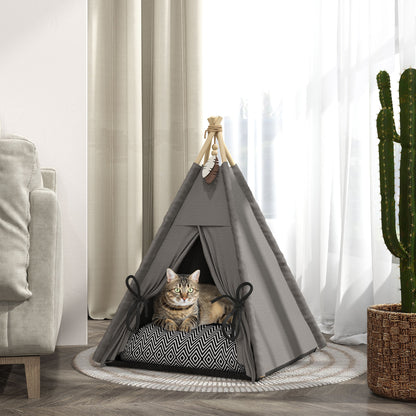 PawHut Tipi-Zelt für Haustiere, Tierbett im Tipi-Design, Katzenzelt mit Kissen, Hundebett zum Schlafen, Katzenbett, Grau