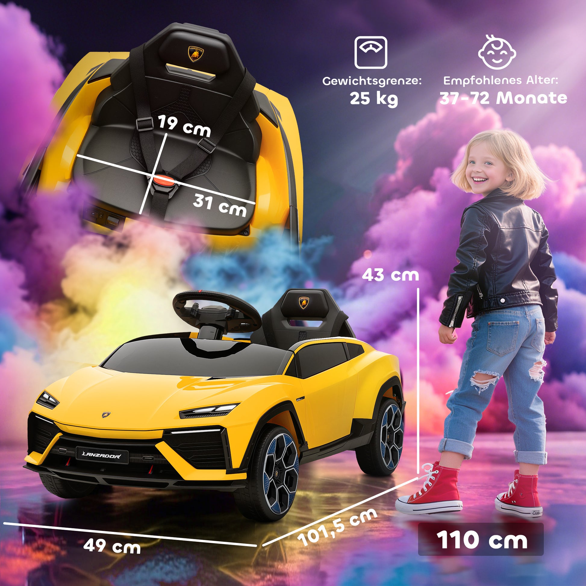 AIYAPLAY Kinder Elektroauto 12V Kinderauto mit 2,4 GHz Fernbedienung, 2 Motor, Hupe, LED, Musik, 101,5 x 49 x 43 cm, Gelb