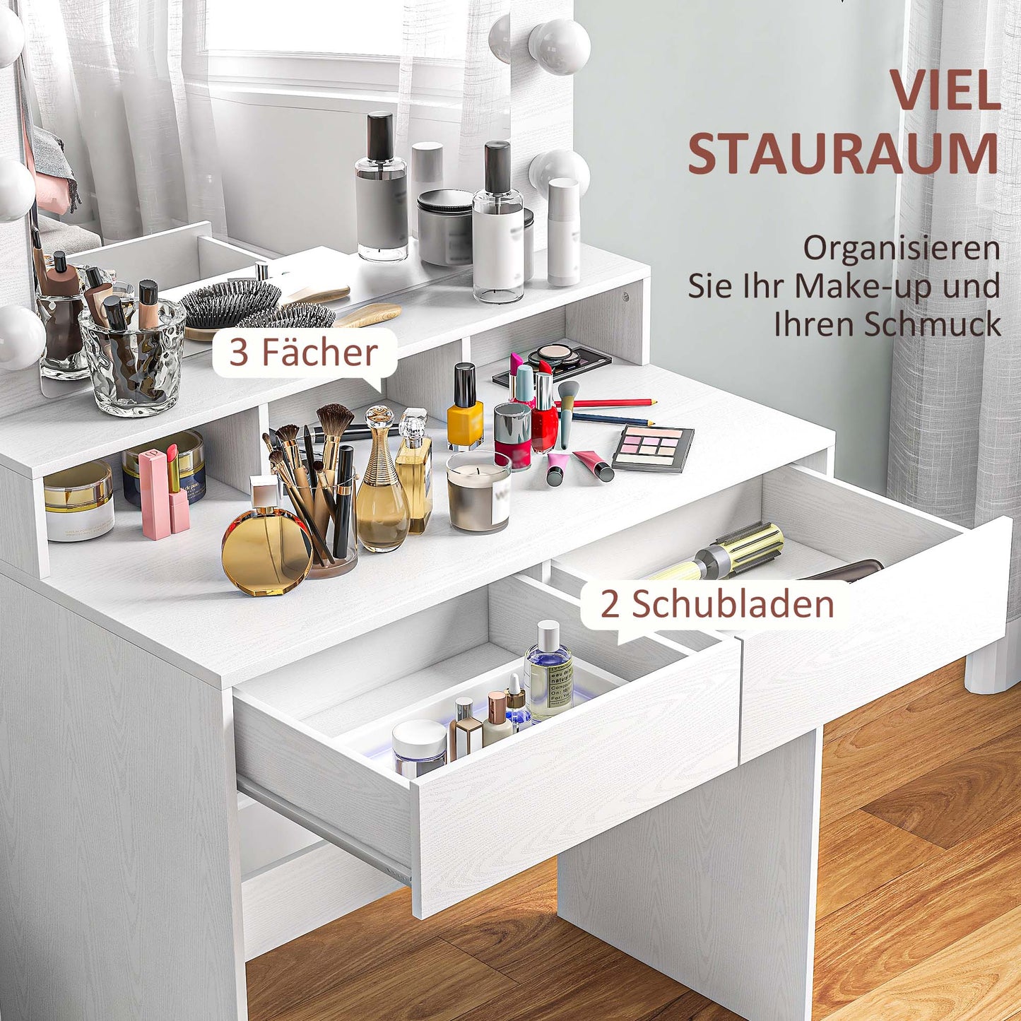 HOMCOM Frisiertisch mit beleuchtetem Spiegel, Schubladen, 3 Lichtoptionen, 10 Glühbirnen, moderner Schminktisch in Weiß