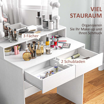 HOMCOM Frisiertisch mit beleuchtetem Spiegel, Schubladen, 3 Lichtoptionen, 10 Glühbirnen, moderner Schminktisch in Weiß