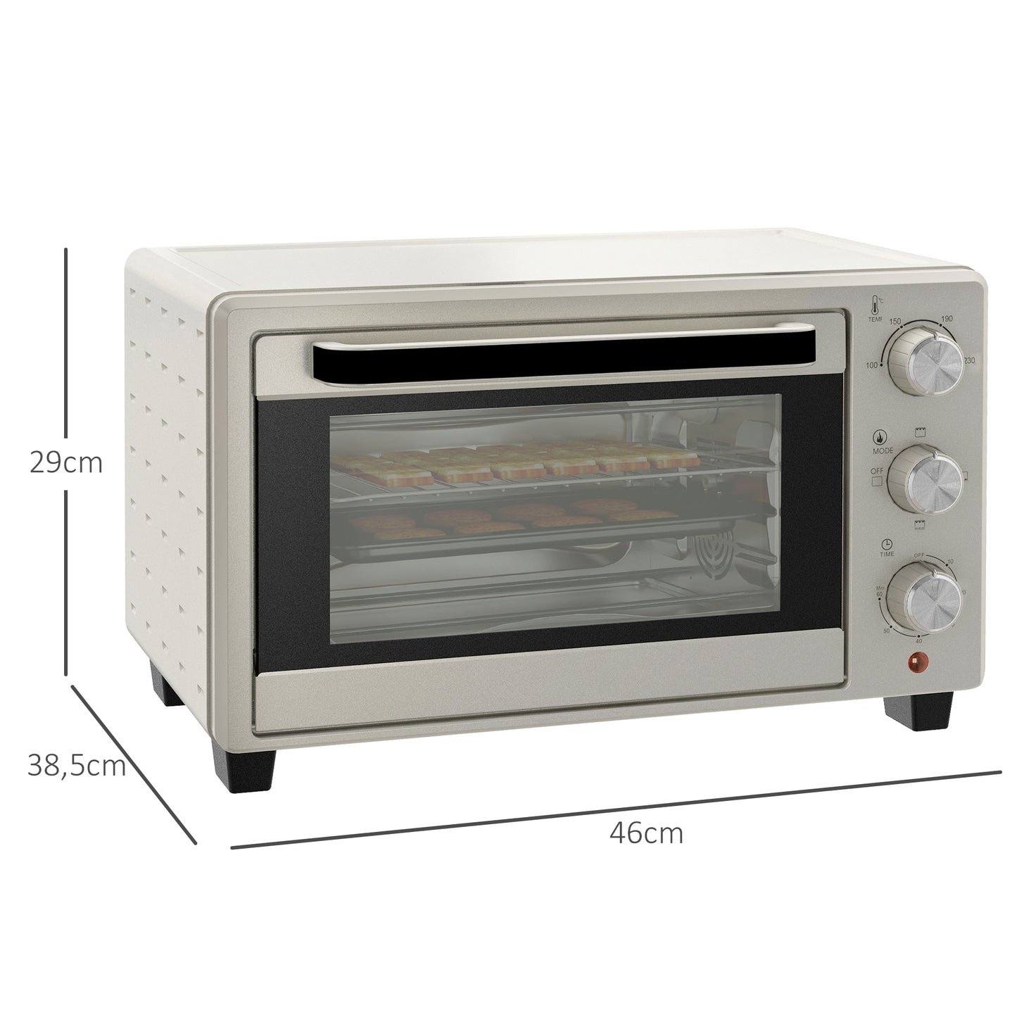 HOMCOM Minibackofen, Backofen kleine 21 L Toasterofen mit 1 Drahtgestell und 1 Backblech, 3 Kochmodi, 100 °C-230 °C, Edelstahl, Glas, Cremeweiß