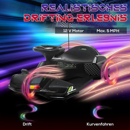 HOMCOM Elektrisches Go-Kart für Kinder, Gummiräder, 3-8 km/h, mit Lichtern und Musikfunktion, Schwarz