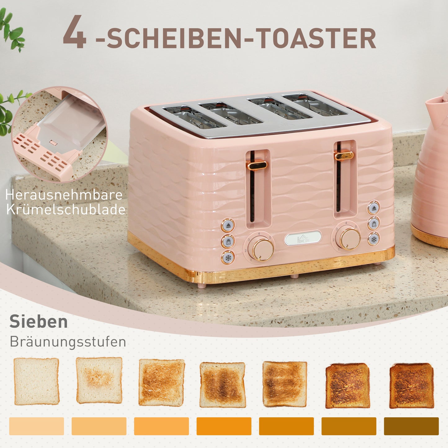 HOMCOM 2-in-1 Toaster- und Wasserkocher-Set, 7 Bräunungsstufen, Auftau- und Aufwärmfunktion, Rosa