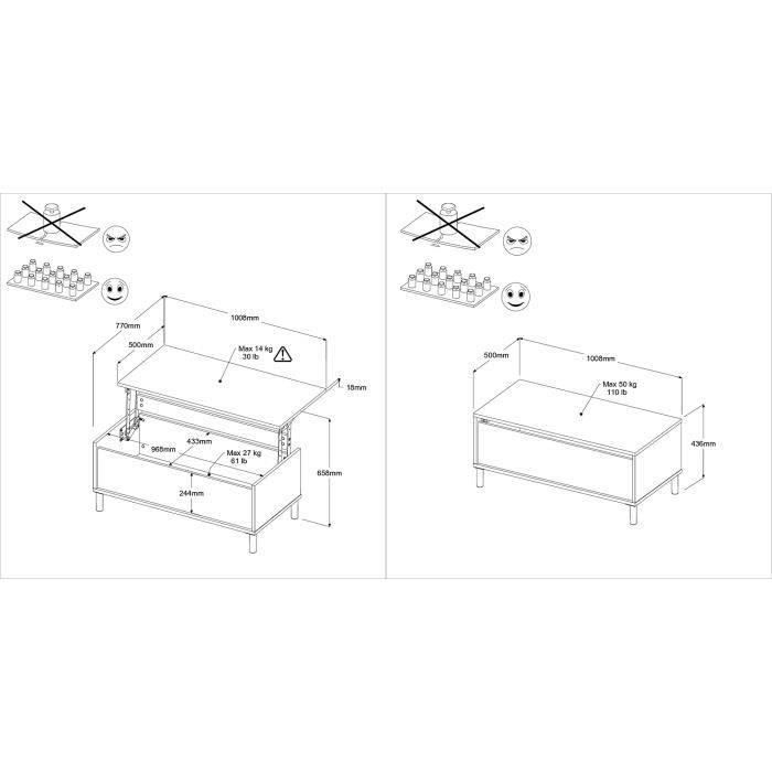 MORPHOS lift-up coffee table - L 100 x D 50 x H 43.6 cm - Rectangular - White / Oak decor - PARISOT