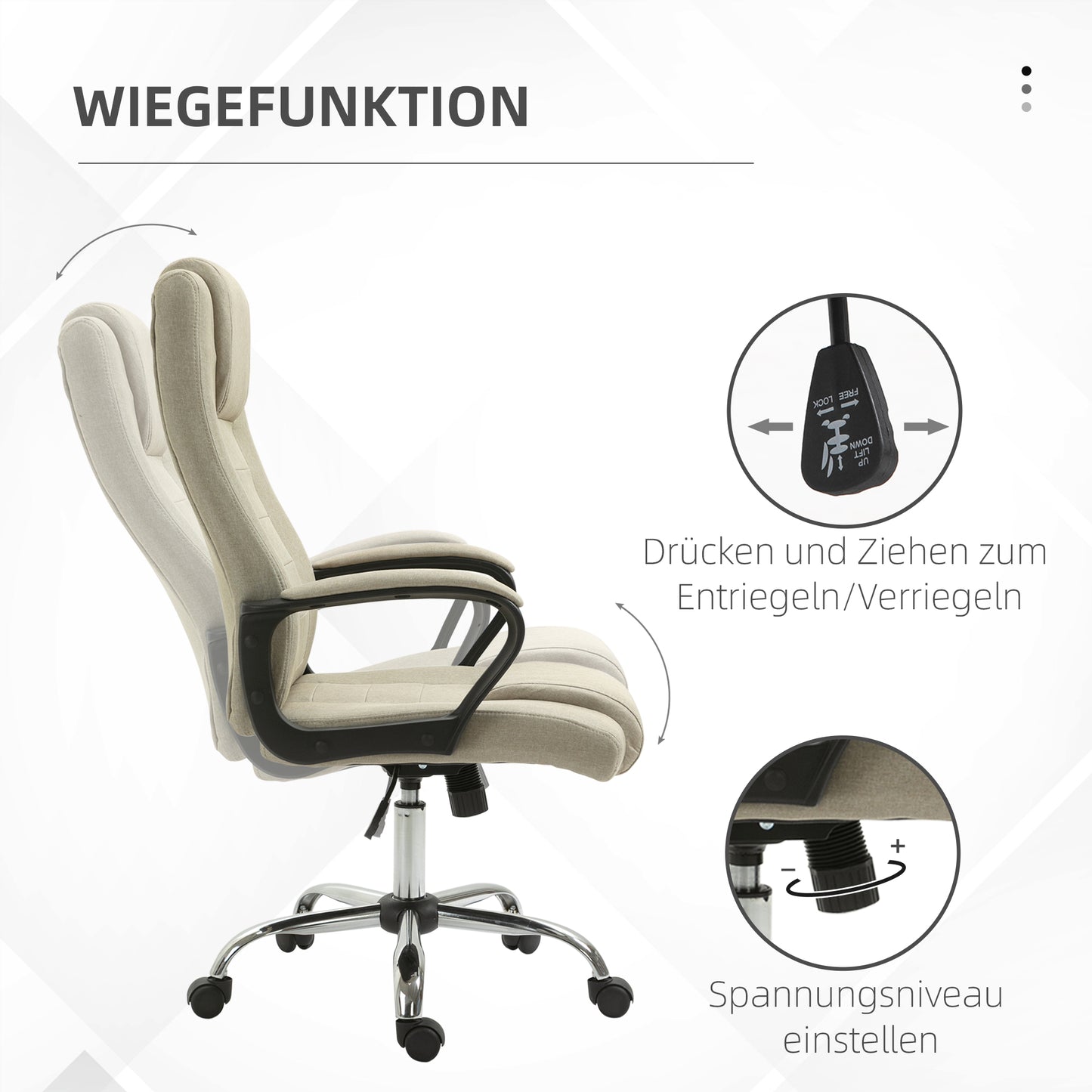Vinsetto Bürostuhl i Leinenoptik, höhenverstellbar, Wippfunktion, 5 Rollen, Beige