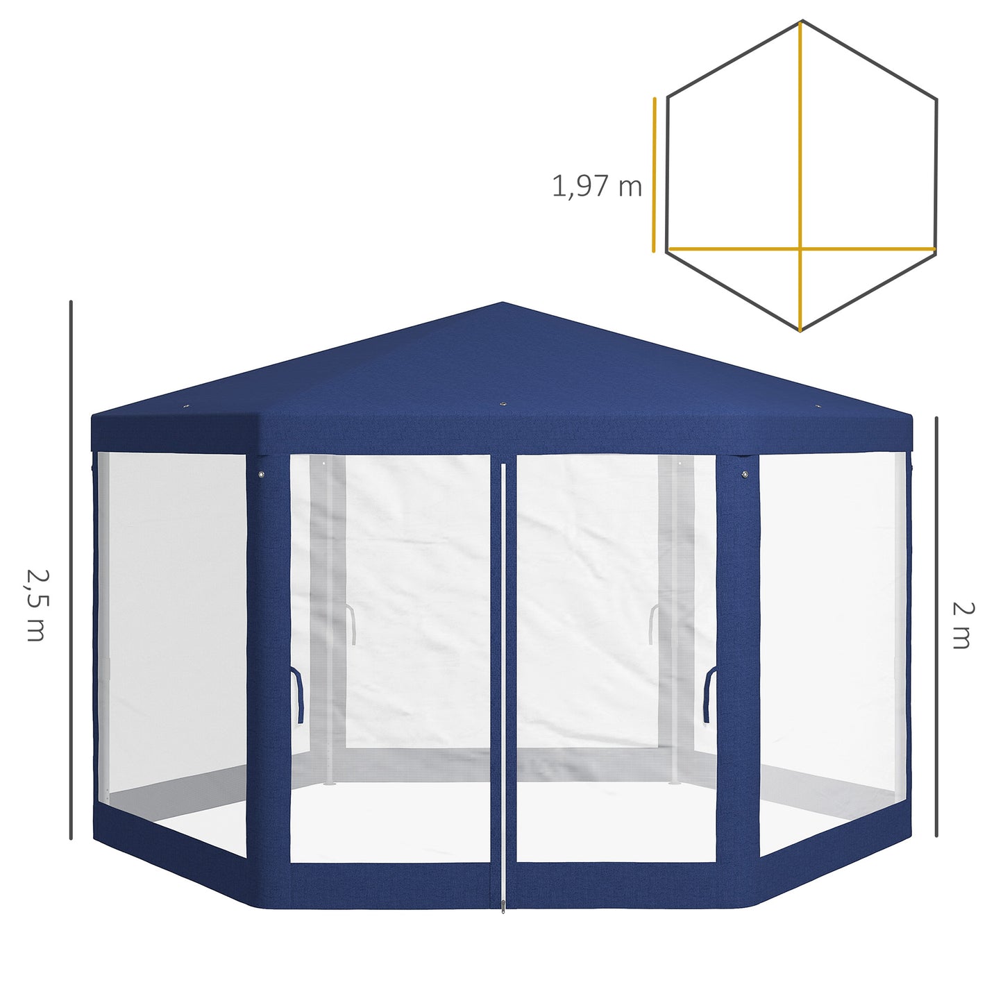Outsunny Gartenpavillon, 6-eckig, Netzvorhänge, Metallgestell, 3,94x3,412x2,5m, Blau