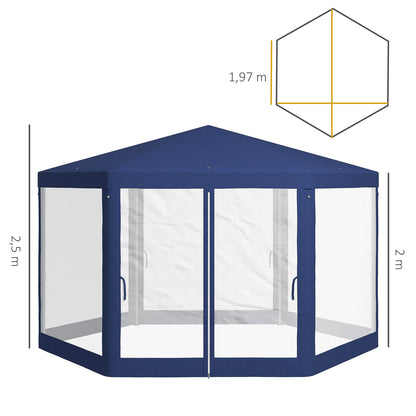 Outsunny Gartenpavillon, 6-eckig, Netzvorhänge, Metallgestell, 3,94x3,412x2,5m, Blau