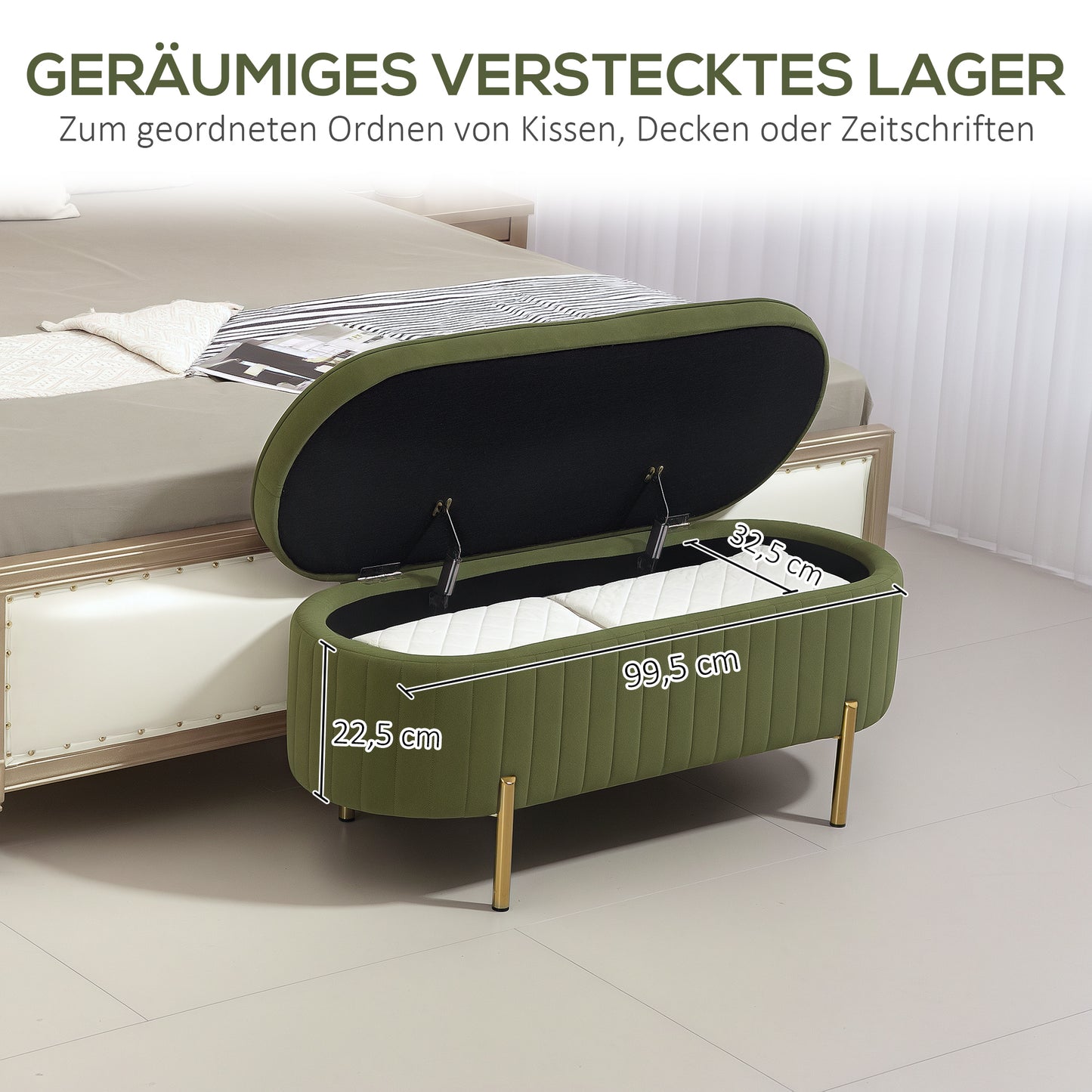 HOMCOM Sitzbank mit Klappdeckel und Stauraum, Stoffbezug, Holz, Metall, Dunkelgrün+Goldfarben