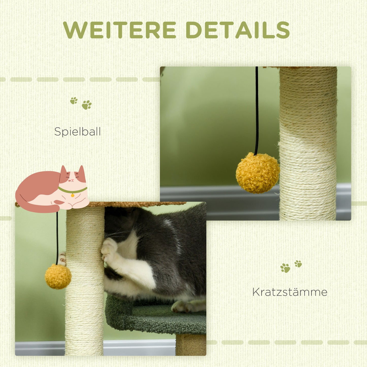 PawHut Kleiner Kratzbaum mit 2 Liegeflächen, inkl. Spielzeug, für kleine Katzen, Grün Beige+ Braun