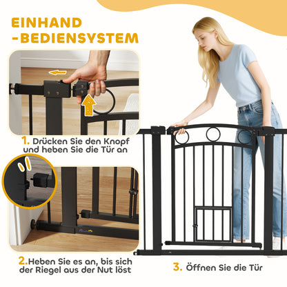 PawHut Haustiertor, 77 cm Treppengatter, verstellbar Breite 76-104 cm, mit Katzentür, für Treppen och Türöffnungen, Schwarz
