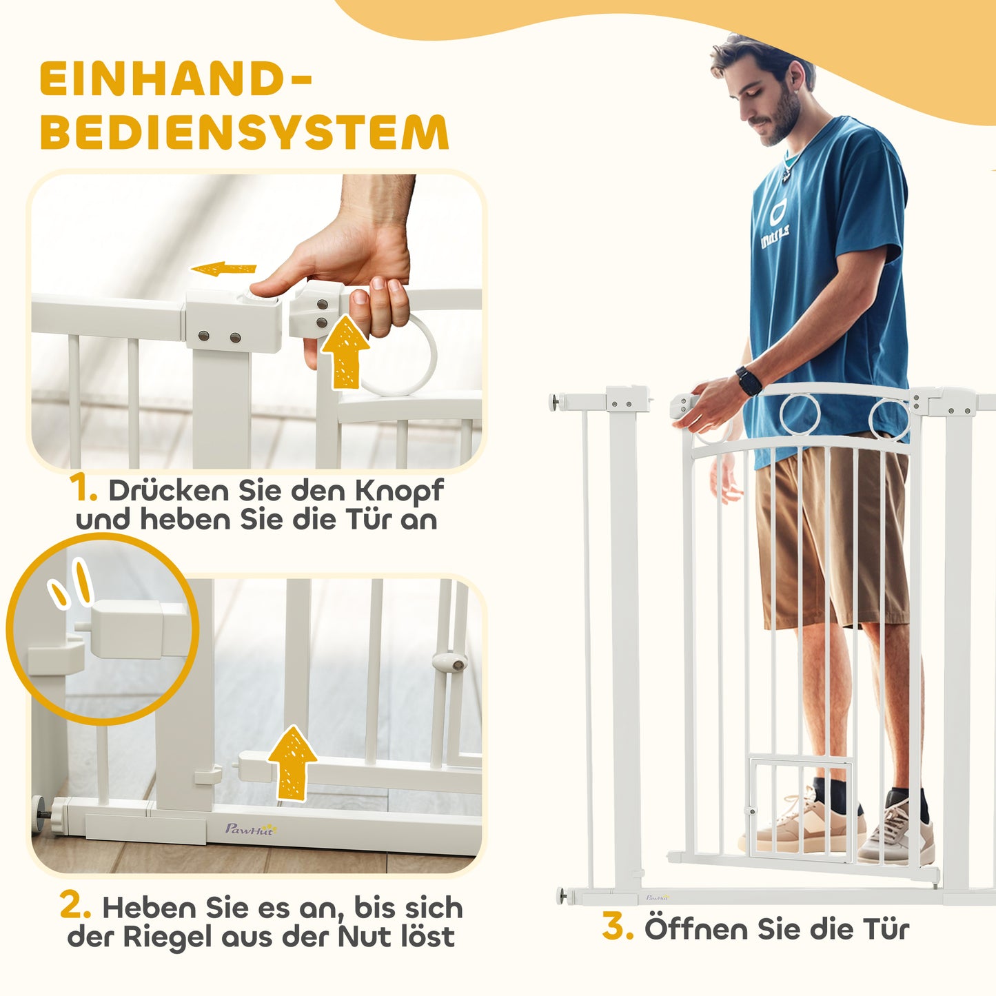 PawHut 106 cm hohes Haustiergitter med anpassbarer Breite, integrierte Katzentür, för Treppen och Türrahmen, Weiß
